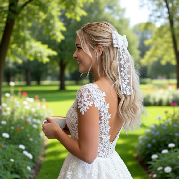 Elegant White Embroidered Lace Hair Bow clip . Handmade and NWOT - Picture 3 of 10